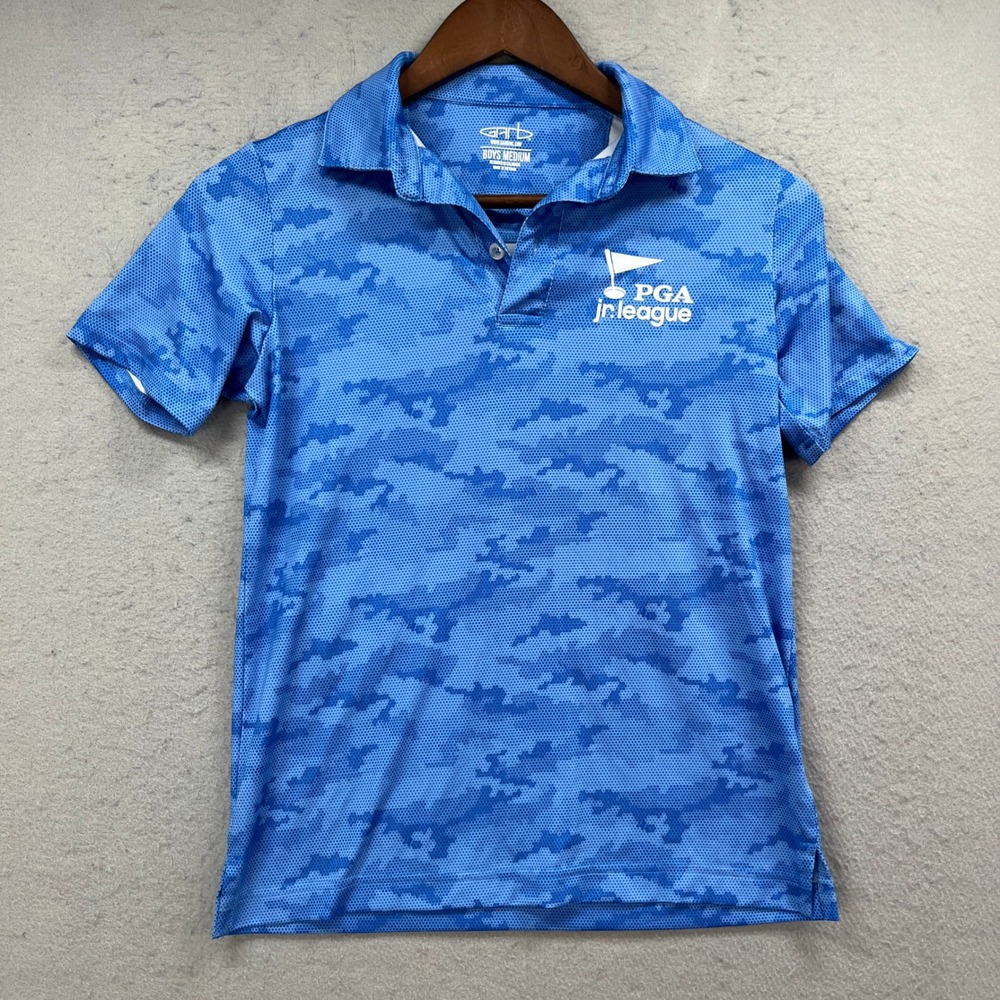 PGA Jr League‎ Garb Polo Shirt Boys Medium Blue Camo 42 Fore-Get-Me-Not Athletic